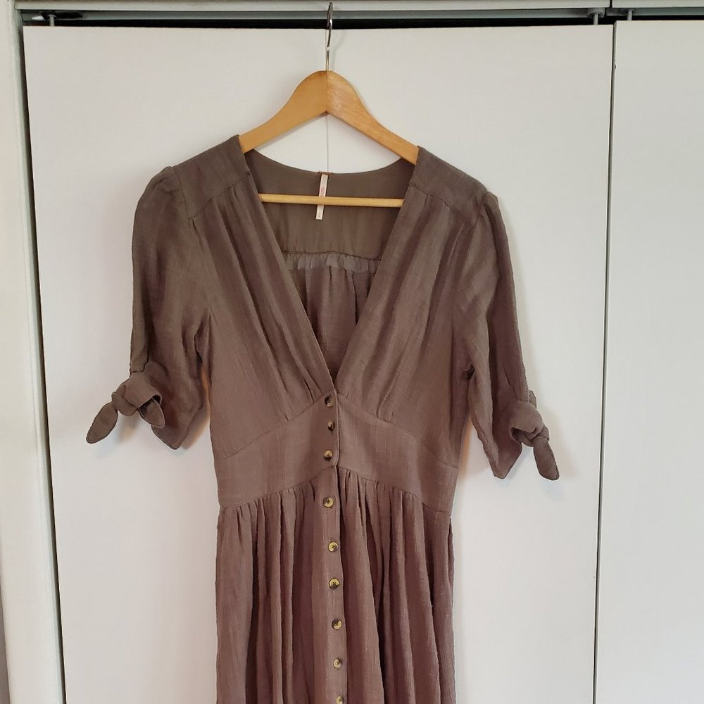 Free People khaki/mushroom color button-up midi dress in size Small